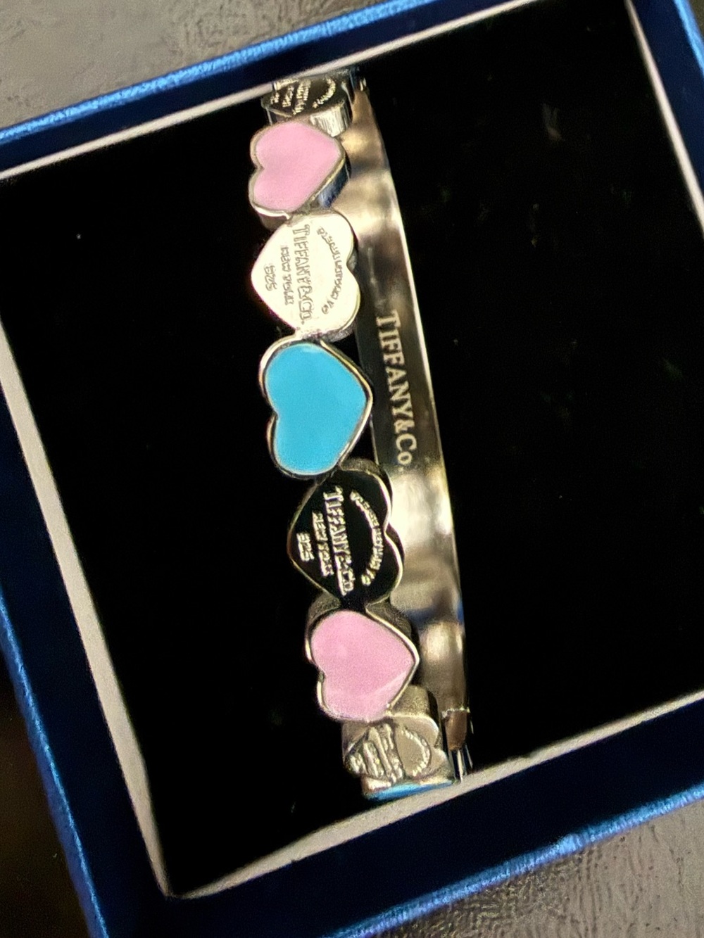 Silver-Tone Heart Link Bracelet with Pink & Blue Enamel